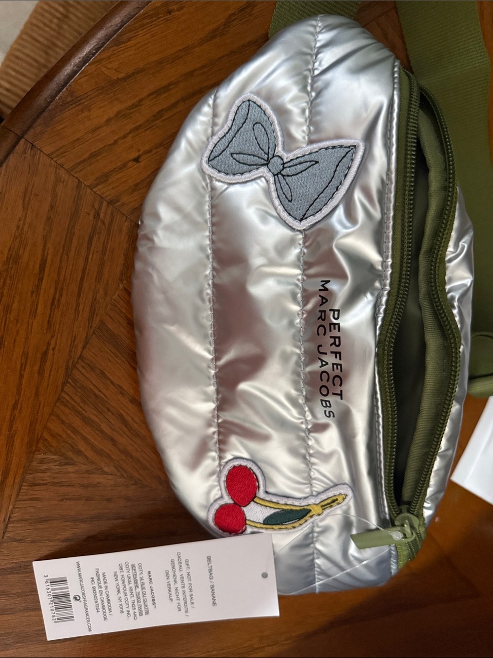 Marc Jacobs Silver Quilted Cosmetic Pouch with Embroidered Patches